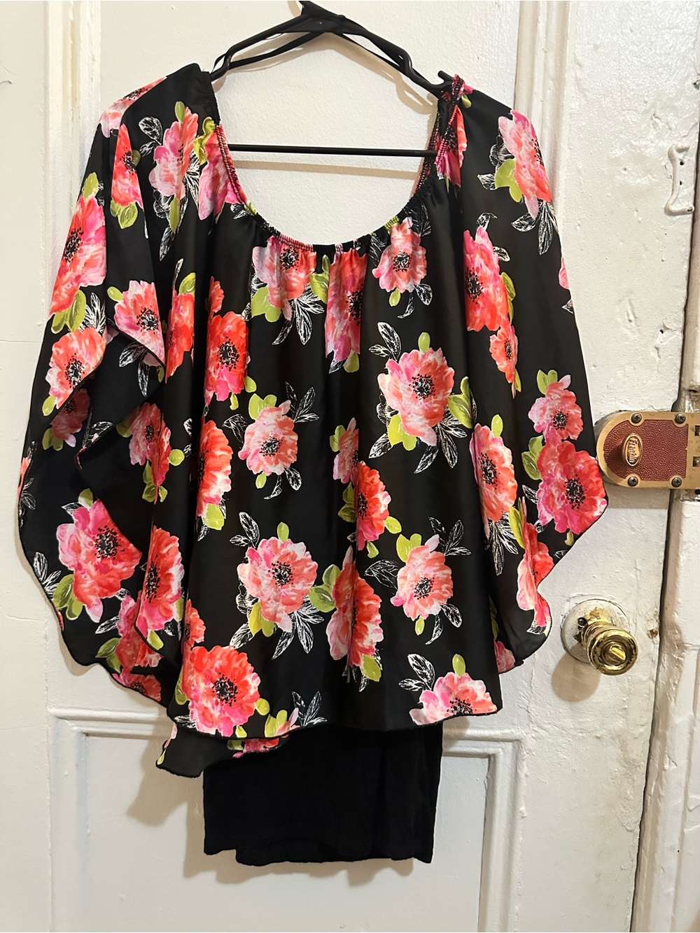 Rainbow Black Off-Shoulder Blouse with Pink Floral Print